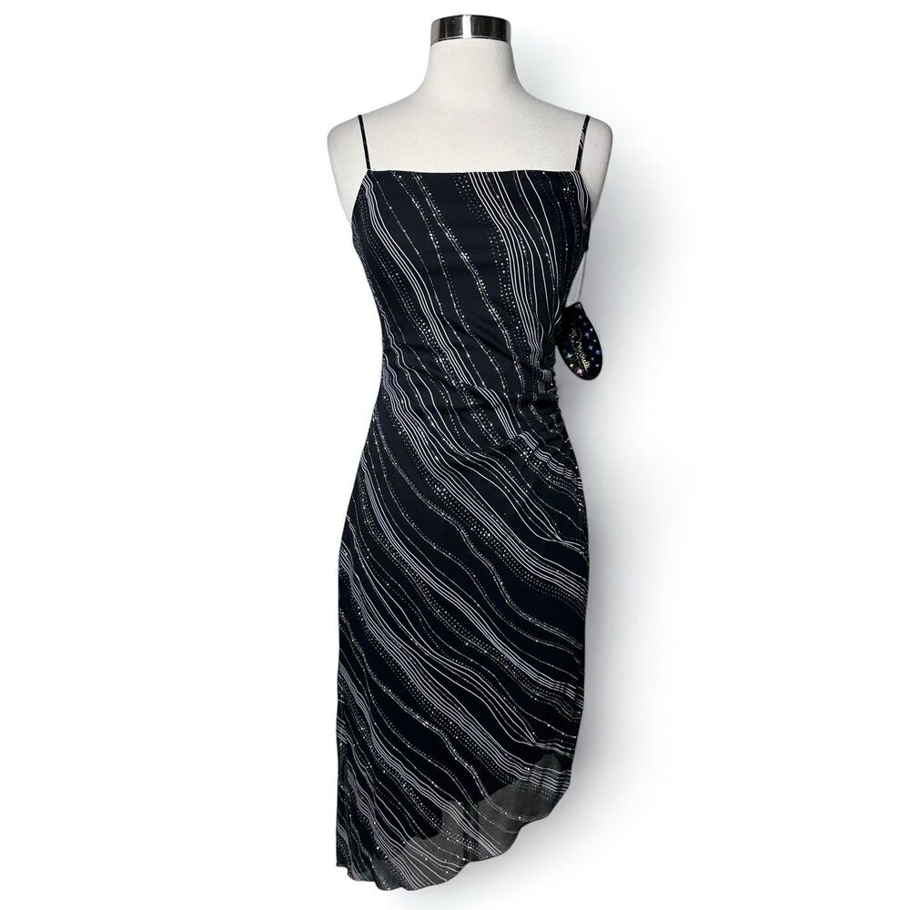 VTG Y2K Slip Dress Size S Black Silver Glitter Stretch Mesh Whimsigoth 90s Vamp